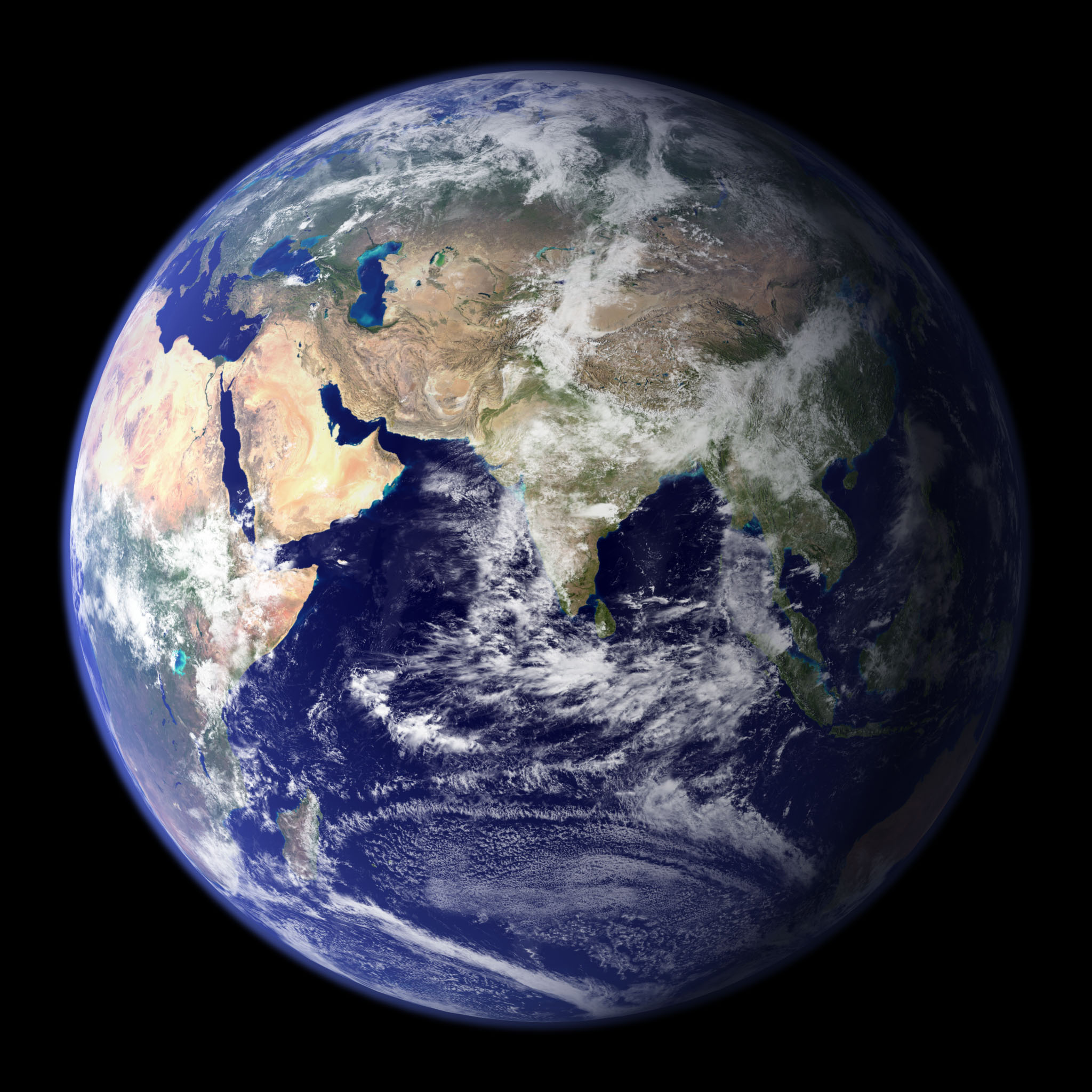 Earth eastern hemisphere. Asia and Australia. NASA Blue Marble, public domain.